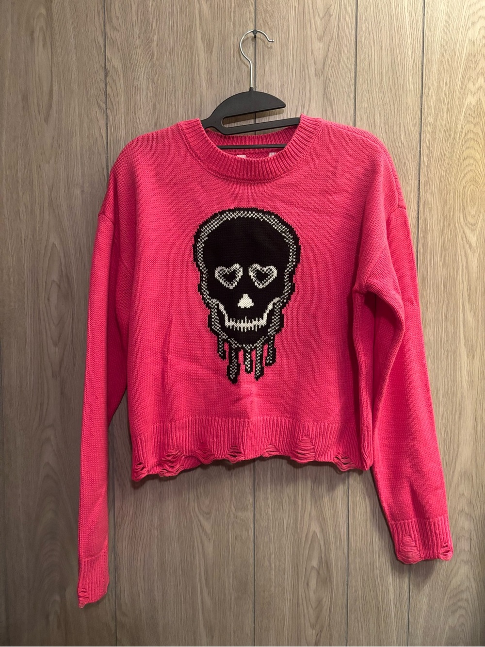 No Boundaries Hot Pink Crewneck Sweater with Black Skull